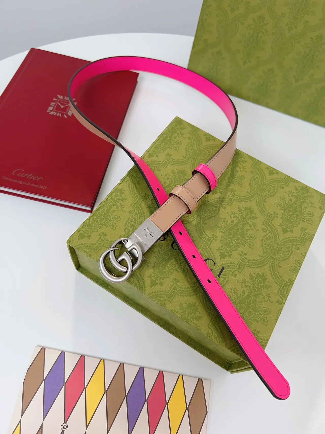 Gucci Pink Beige Reversible Two-Tone Interlocking Double G Buckle Leather Belt 6