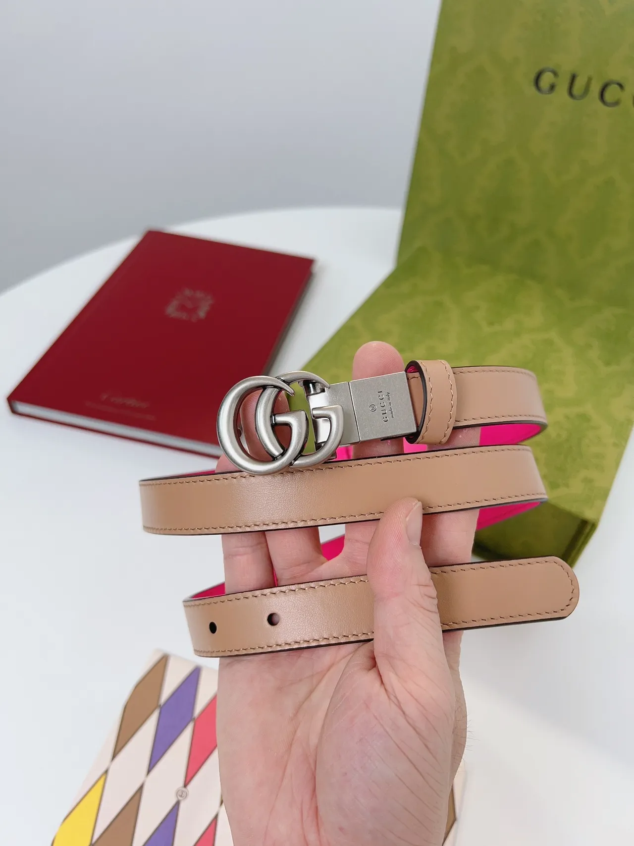 Gucci Pink Beige Reversible Two-Tone Interlocking Double G Buckle Leather Belt 7