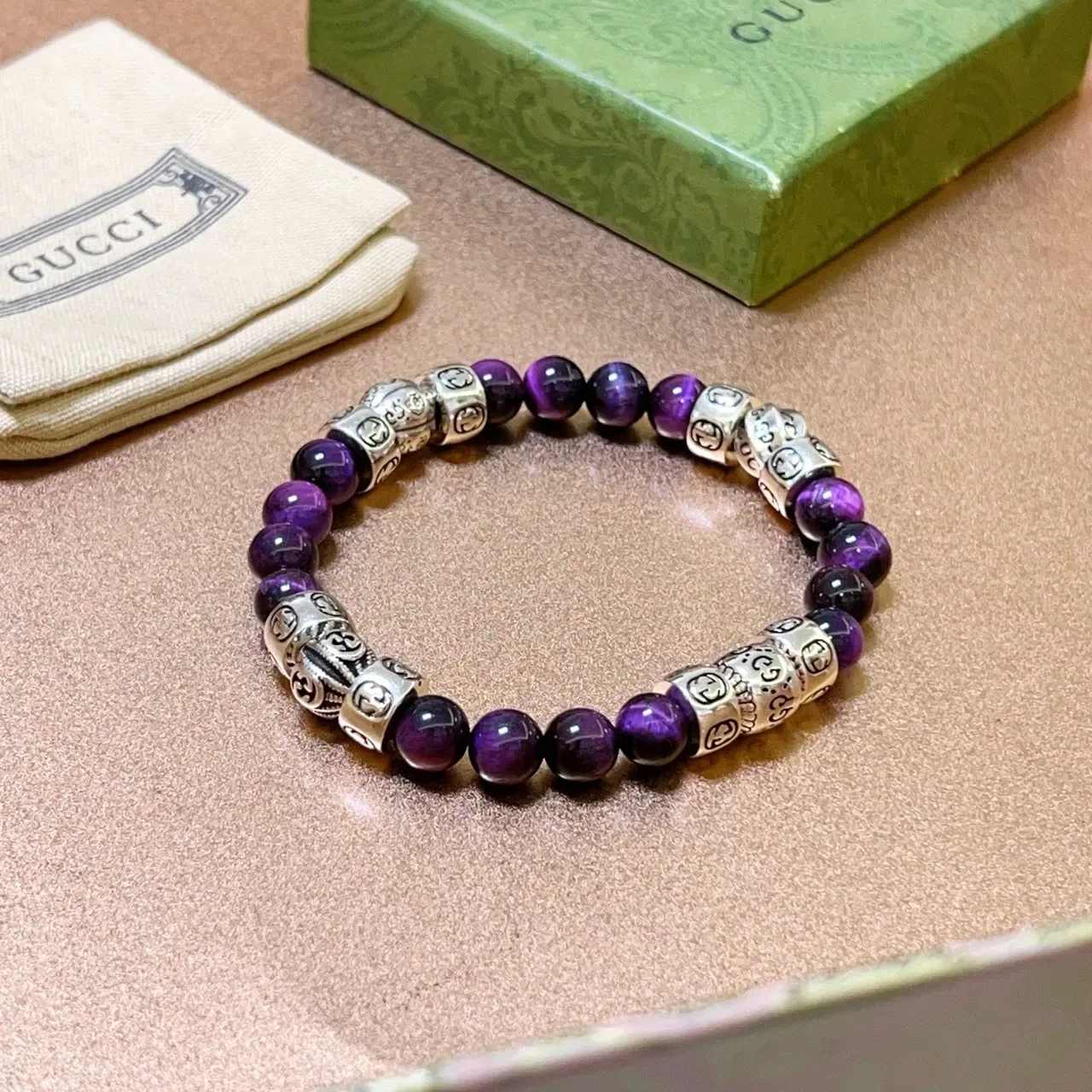 Gucci Purple Silver Beaded Interlocking G Charms Bracelet 2