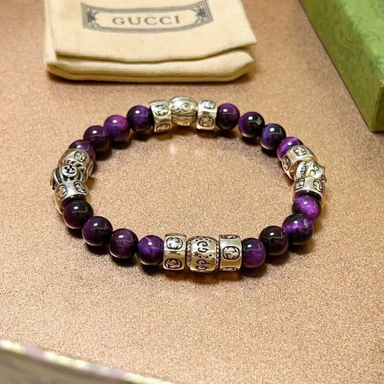 Gucci Purple Silver Beaded Interlocking G Charms Bracelet 3