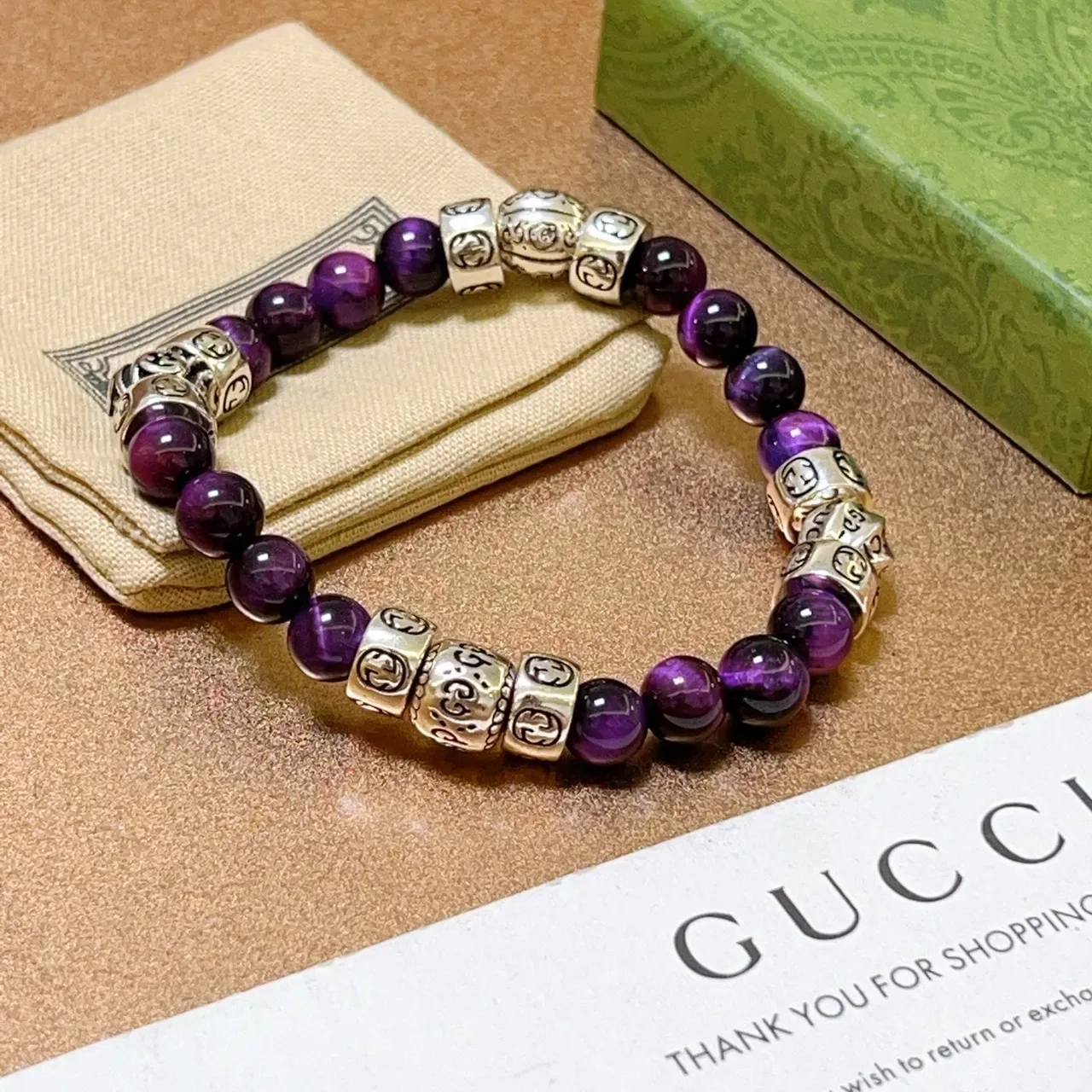 Gucci Purple Silver Beaded Interlocking G Charms Bracelet 7