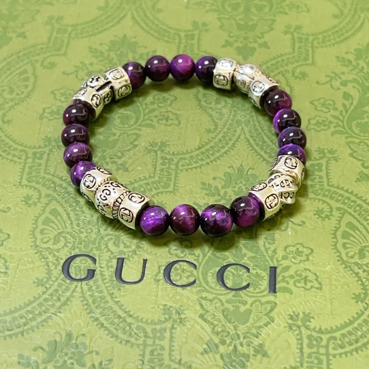 Gucci Purple Silver Beaded Interlocking G Charms Bracelet 9