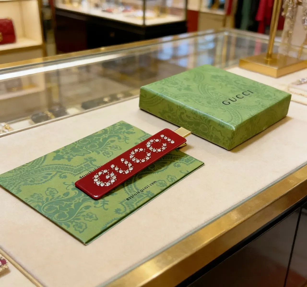 Gucci Red Gold Rectangular Enamel Crystal-Embellished Logo Jewelry 2