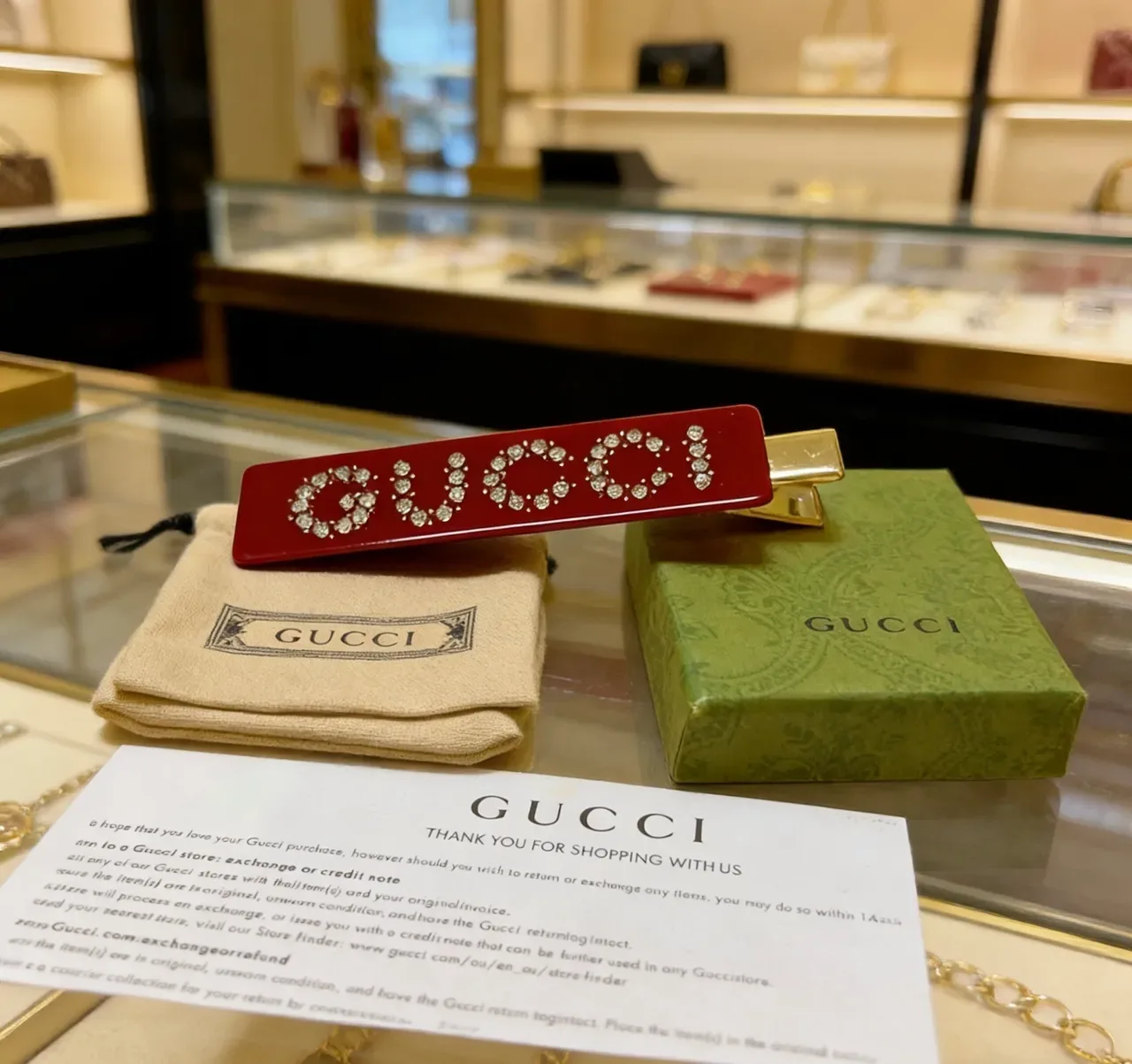 Gucci Red Gold Rectangular Enamel Crystal-Embellished Logo Jewelry 5