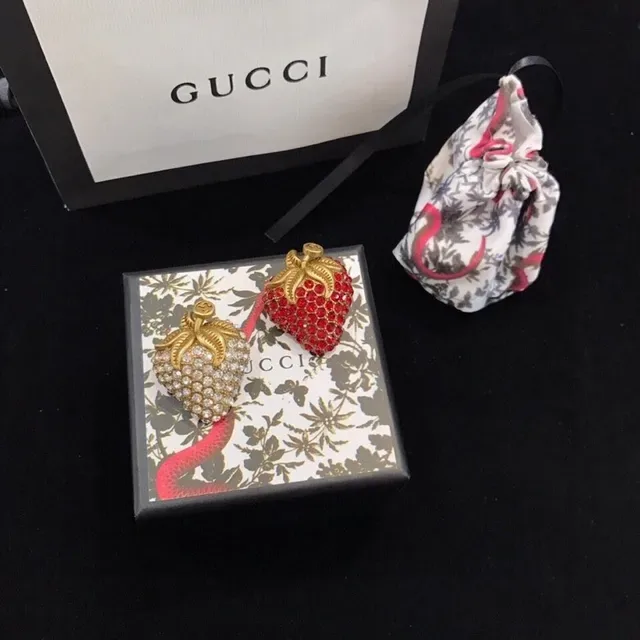 Gucci Red Gold Strawberry-Shaped Crystal-Embellished Earrings 6