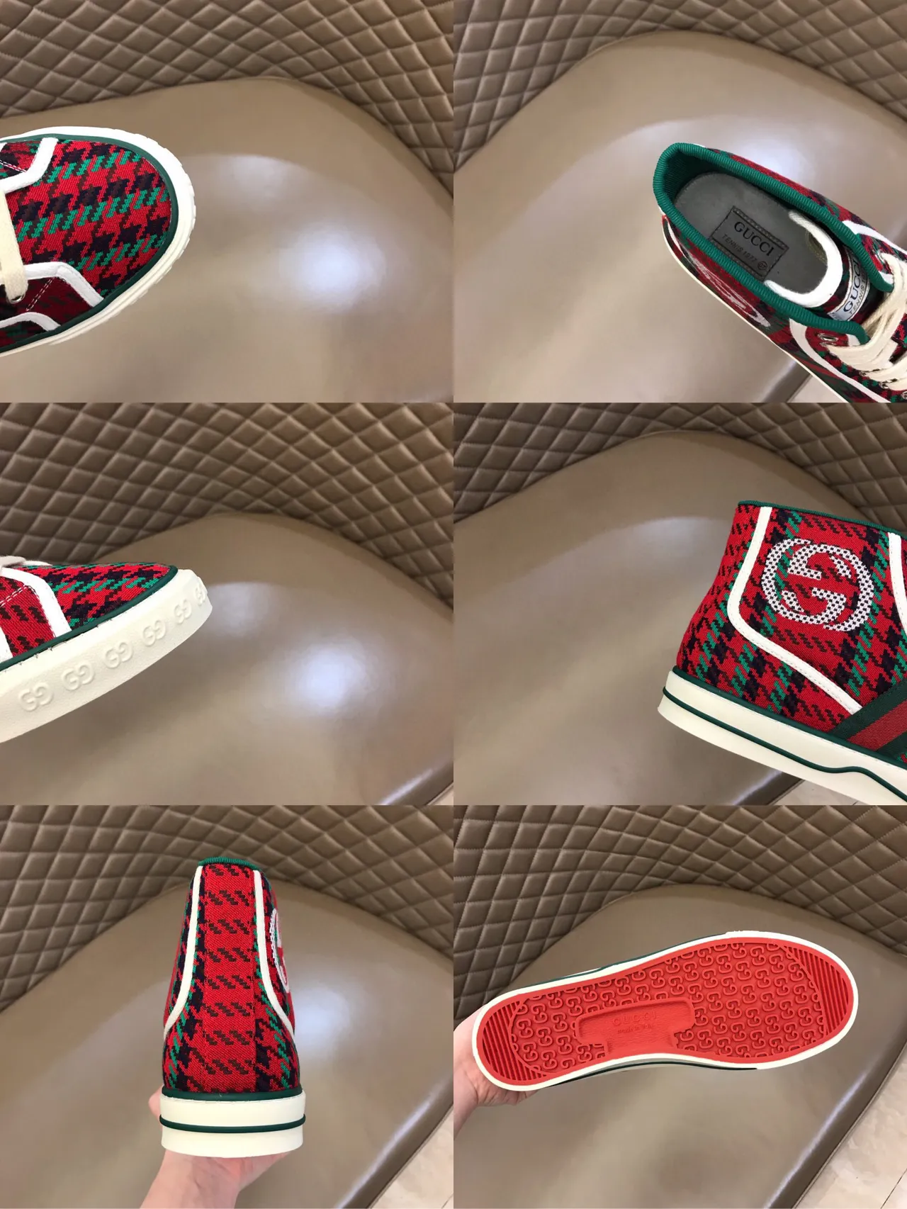 Gucci Red Green High-Top Houndstooth Knit Lifestyle Sneakers 3