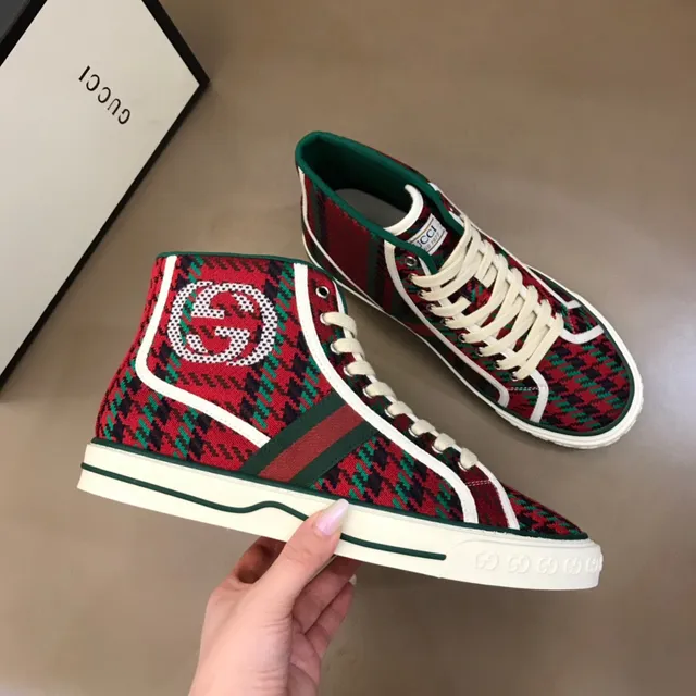 Gucci Red Green High-Top Houndstooth Knit Lifestyle Sneakers 7