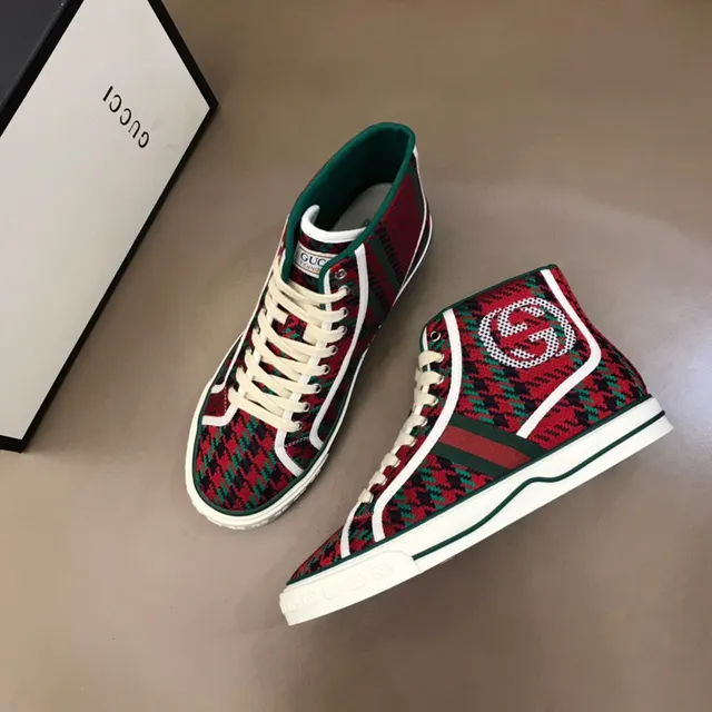Gucci Red Green High-Top Houndstooth Knit Lifestyle Sneakers 9