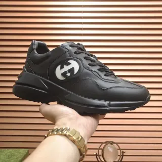 Gucci Rhyton Black Leather Interlocking GG Logo Lifestyle Sneakers