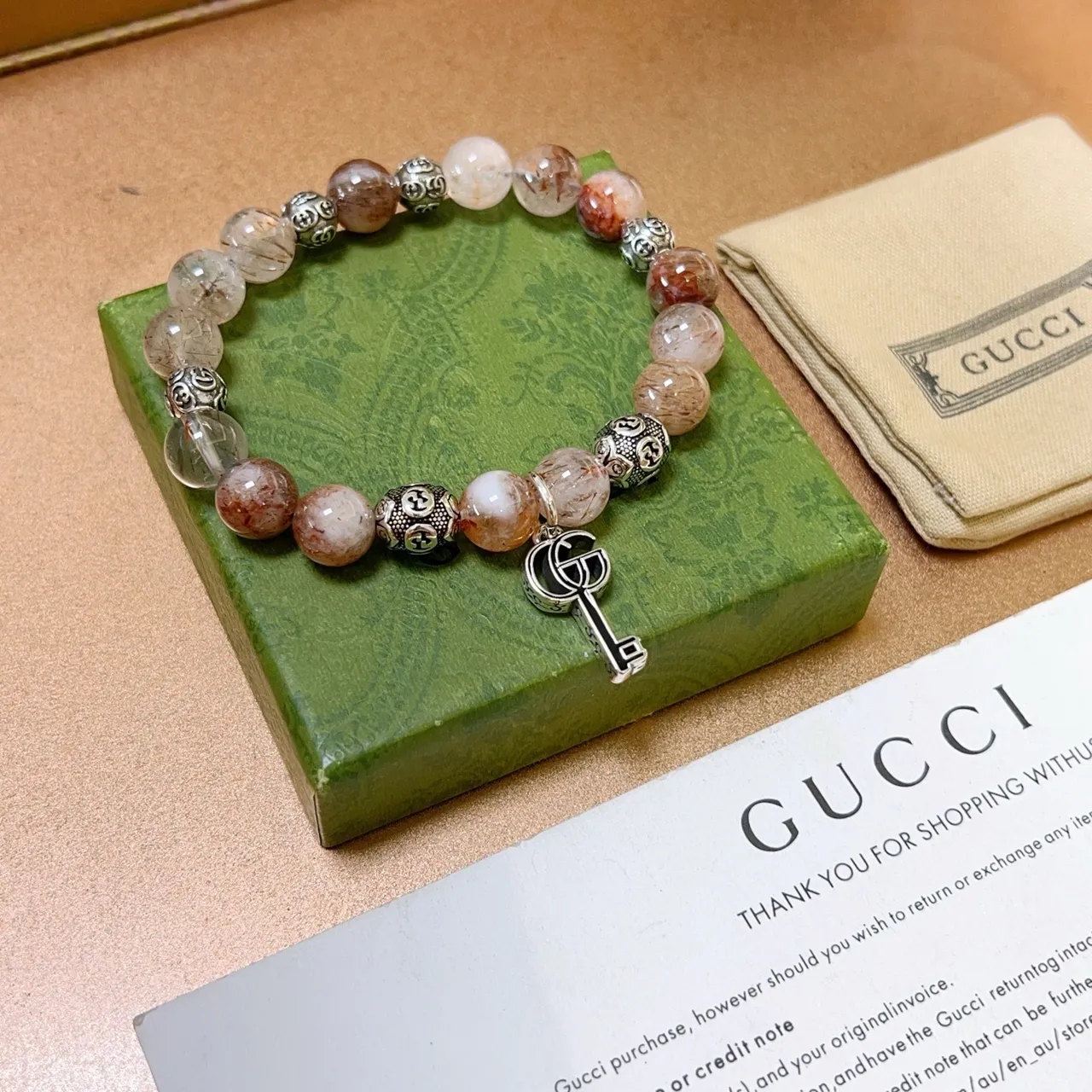 Gucci Rutilated Quartz and Silver-Tone Key Charm Stretch Bracelet 7
