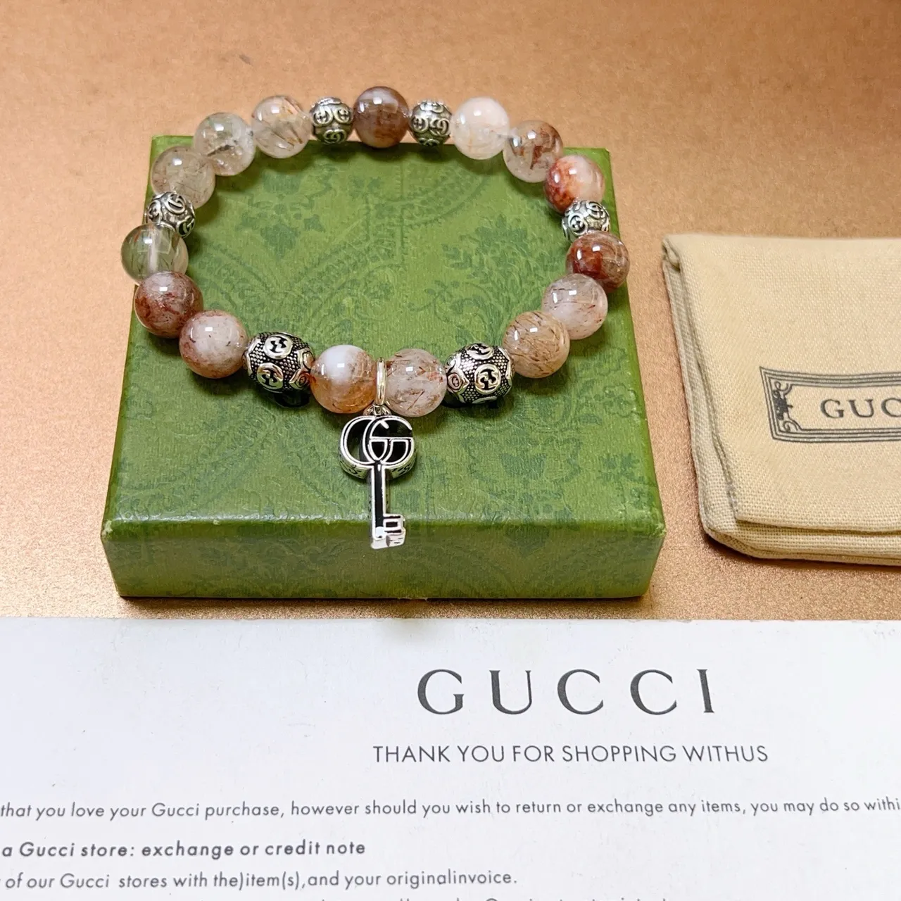 Gucci Rutilated Quartz and Silver-Tone Key Charm Stretch Bracelet 9