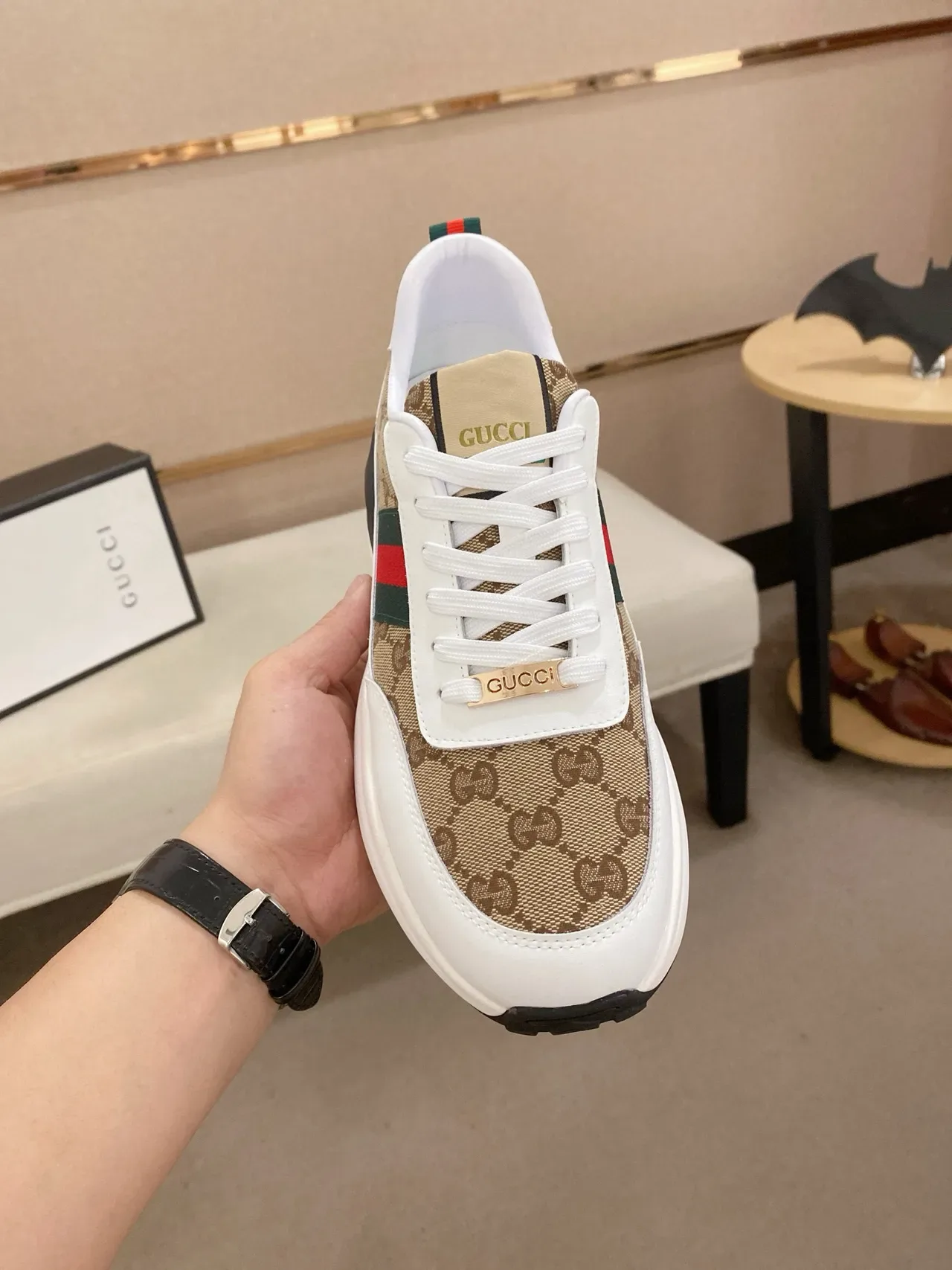 Gucci Screener Beige and White GG Monogram Web Stripe Lifestyle Sneakers 2