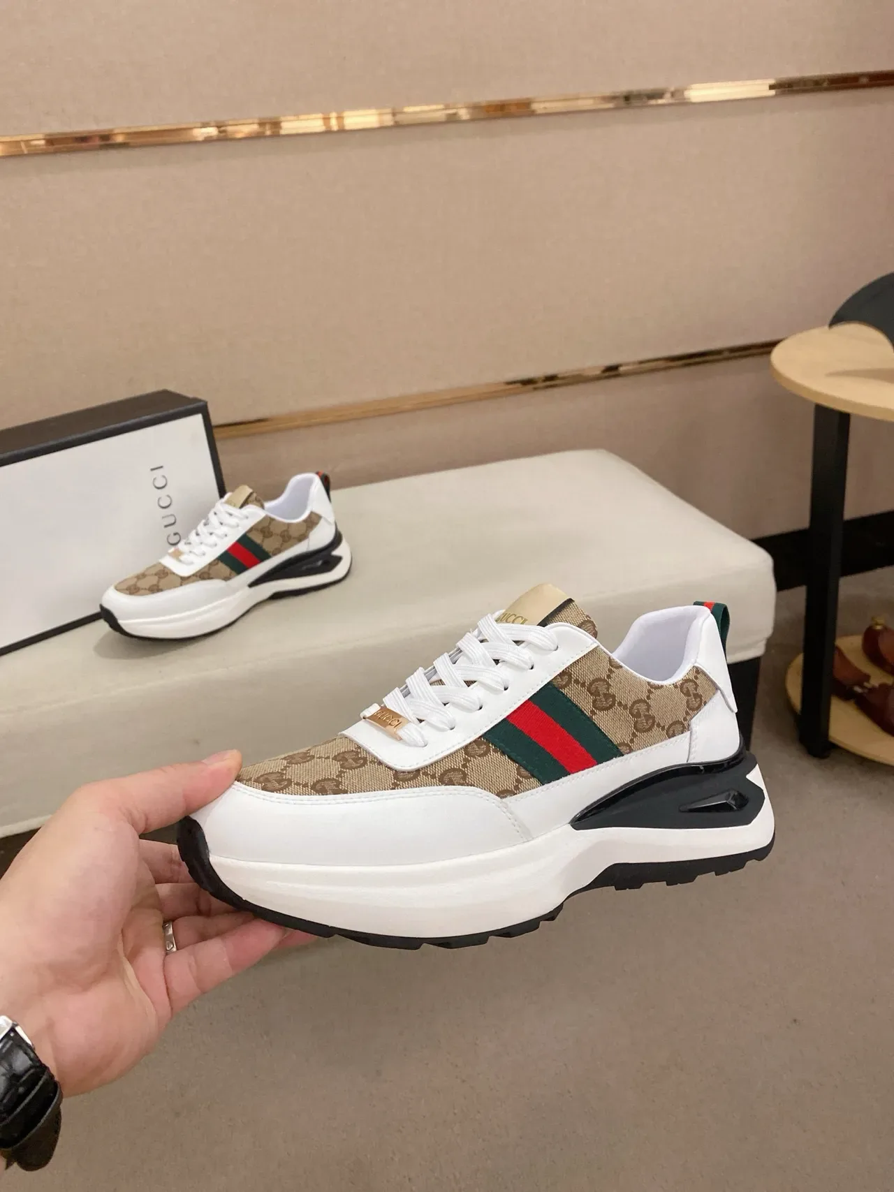 Gucci Screener Beige and White GG Monogram Web Stripe Lifestyle Sneakers 3