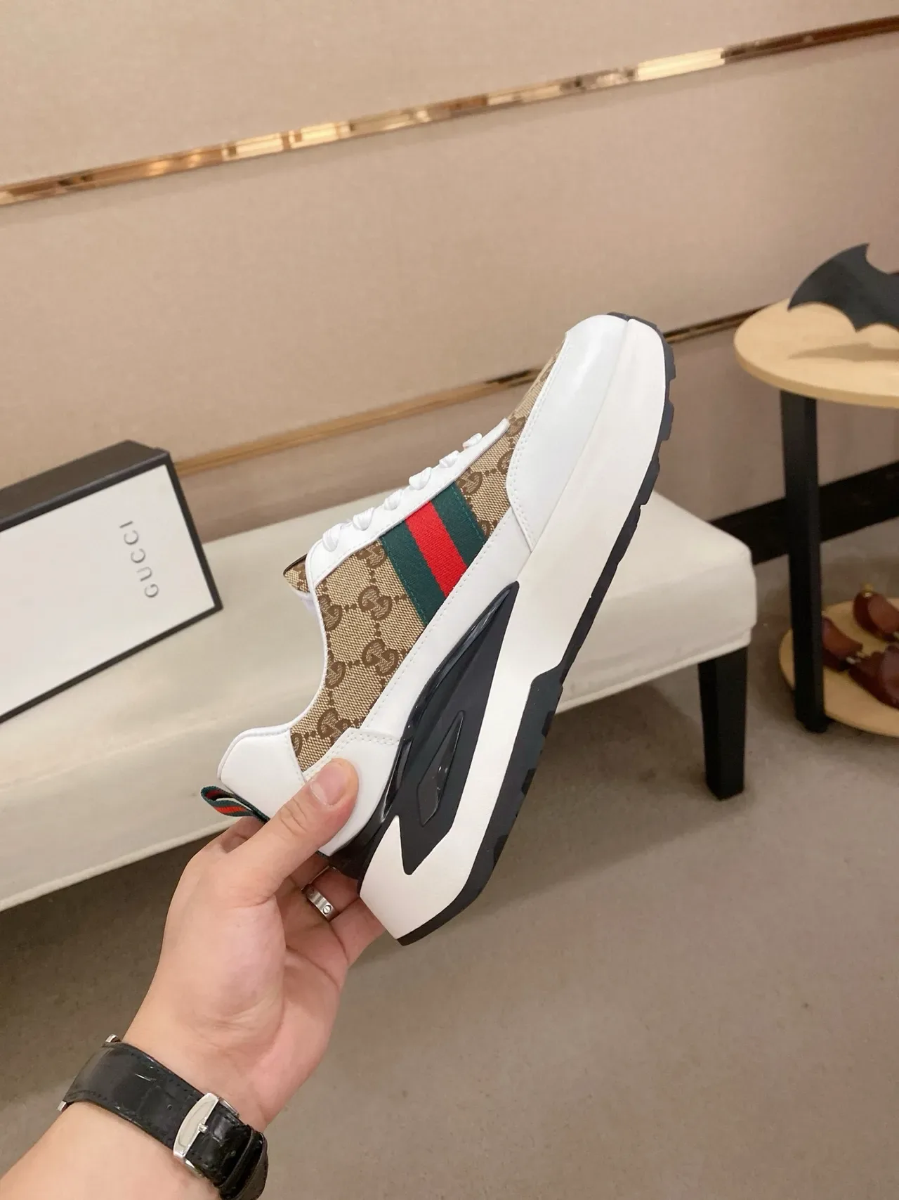 Gucci Screener Beige and White GG Monogram Web Stripe Lifestyle Sneakers 5