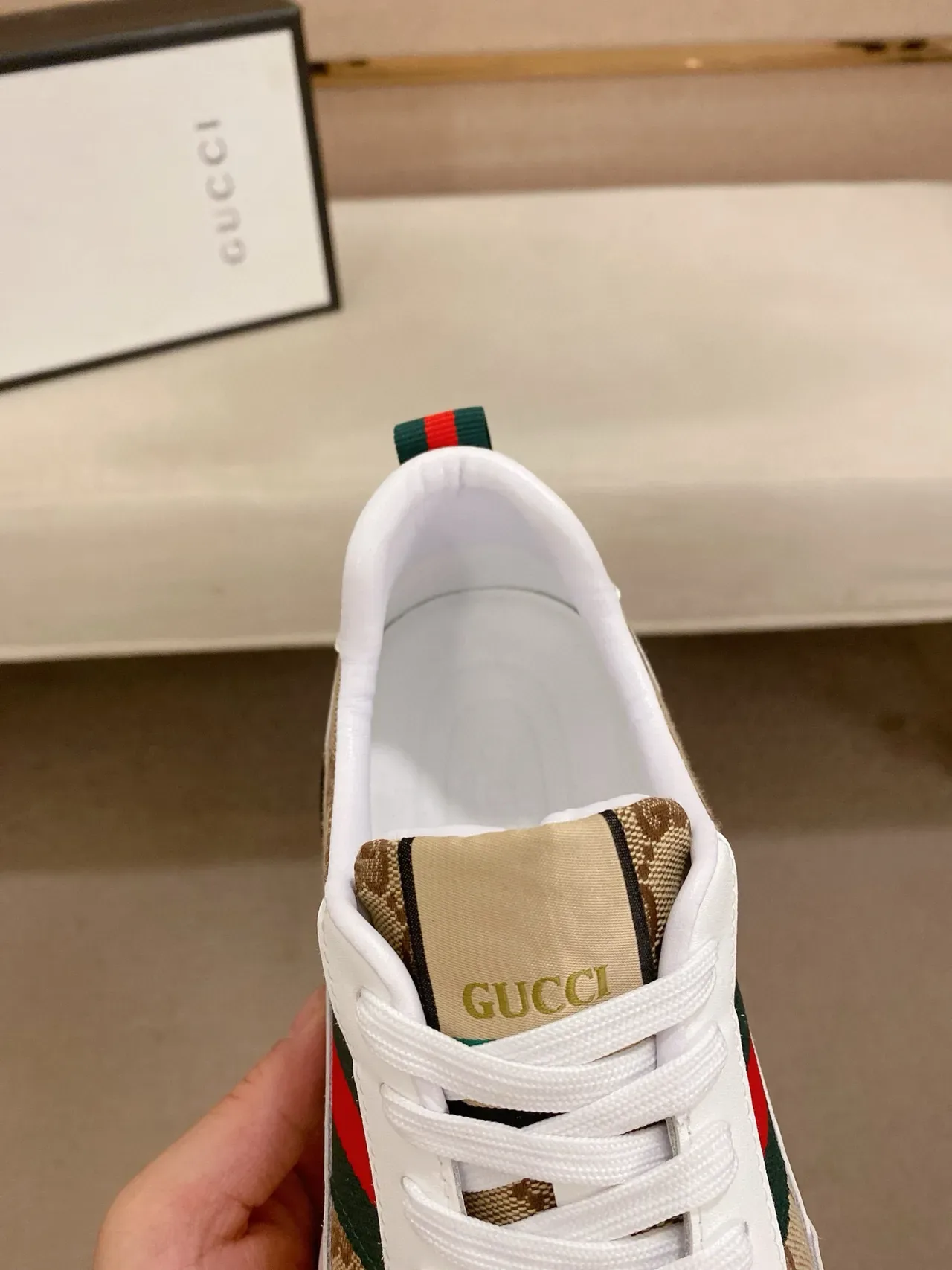 Gucci Screener Beige and White GG Monogram Web Stripe Lifestyle Sneakers 6