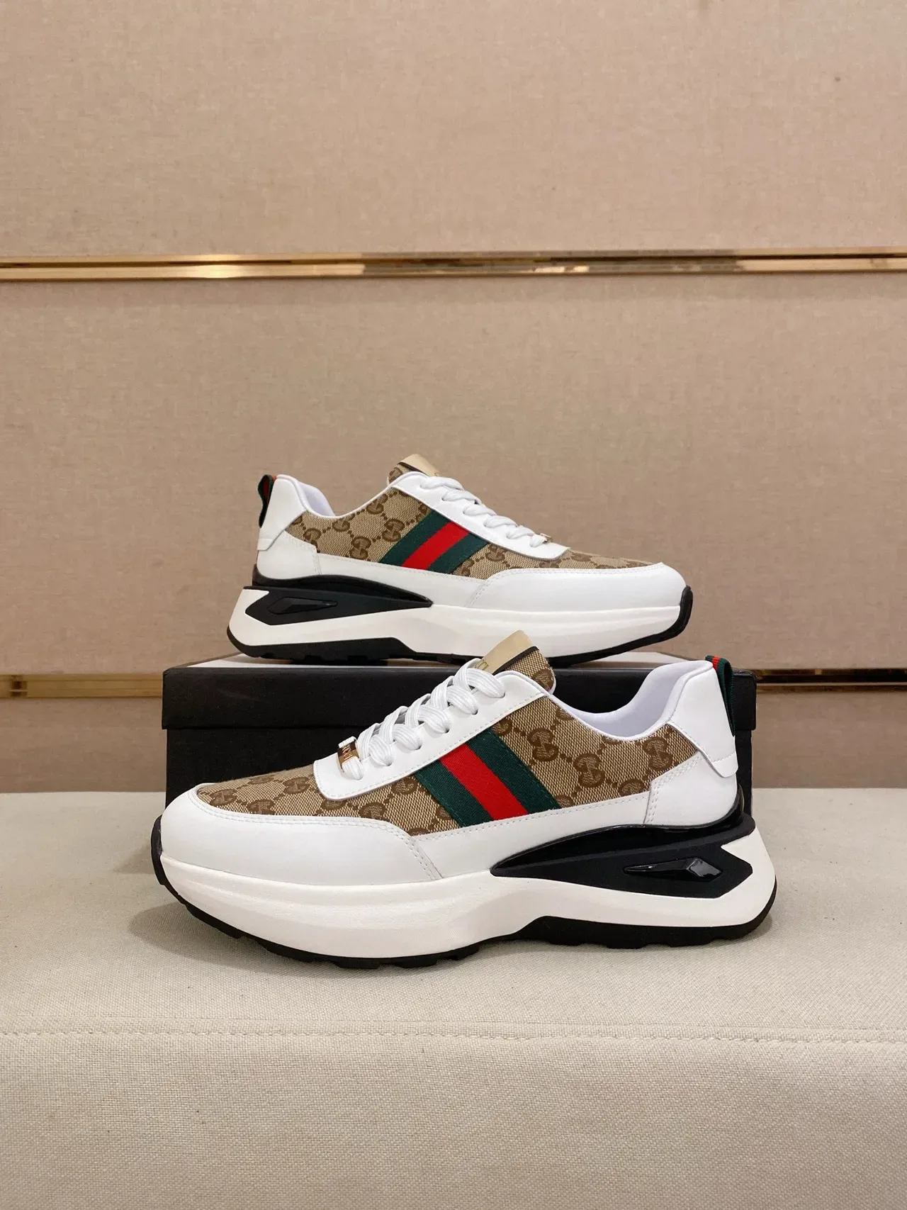 Gucci Screener Beige and White GG Monogram Web Stripe Lifestyle Sneakers 7