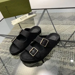 Gucci Screener Black GG Monogram Canvas Buckle Slippers