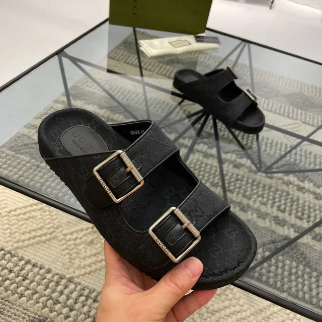 Gucci Screener Black GG Monogram Canvas Buckle Slippers 2