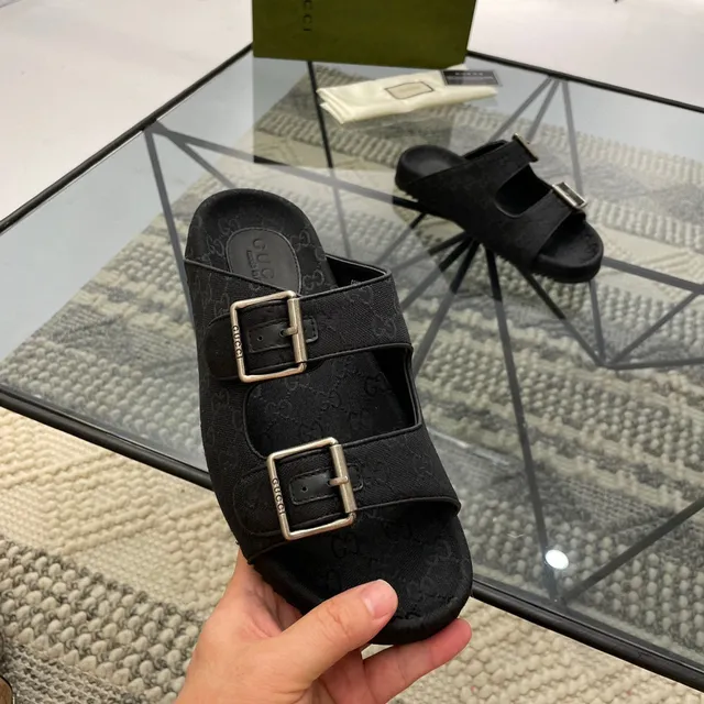 Gucci Screener Black GG Monogram Canvas Buckle Slippers 4