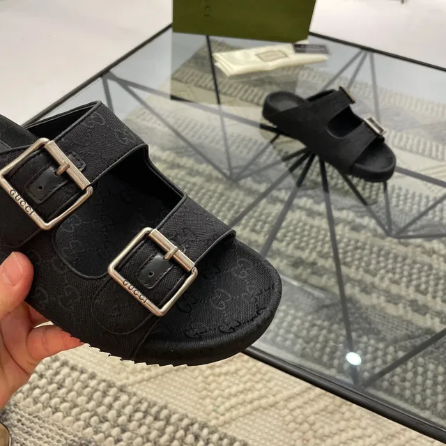 Gucci Screener Black GG Monogram Canvas Buckle Slippers 5