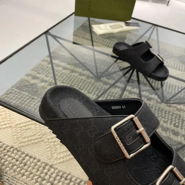 Gucci Screener Black GG Monogram Canvas Buckle Slippers 6