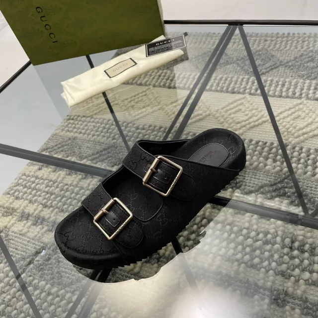 Gucci Screener Black GG Monogram Canvas Buckle Slippers 7