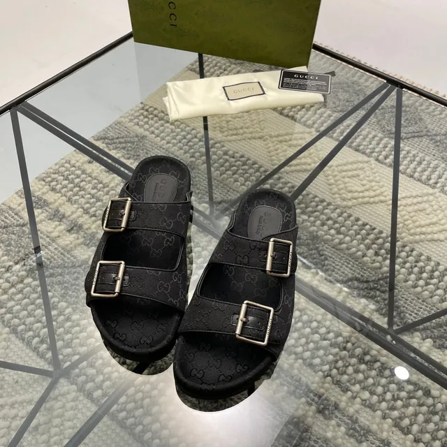 Gucci Screener Black GG Monogram Canvas Buckle Slippers 8