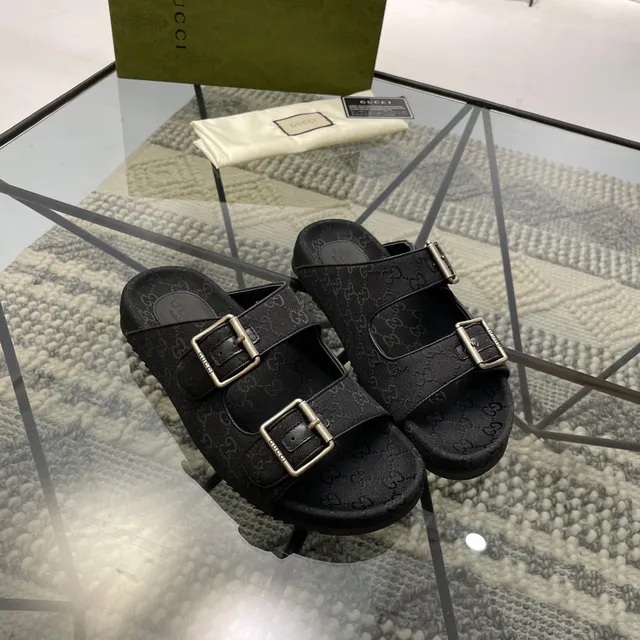 Gucci Screener Black GG Monogram Canvas Buckle Slippers 9