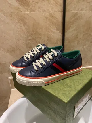 Gucci Screener Navy Blue and Green Web Lifestyle Sneakers 4