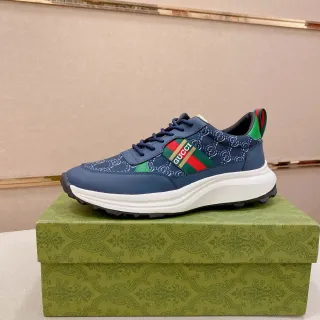 Gucci Screener أزرق بحري Interlocking G Jacquard Web Stripe Chunky Sneakers