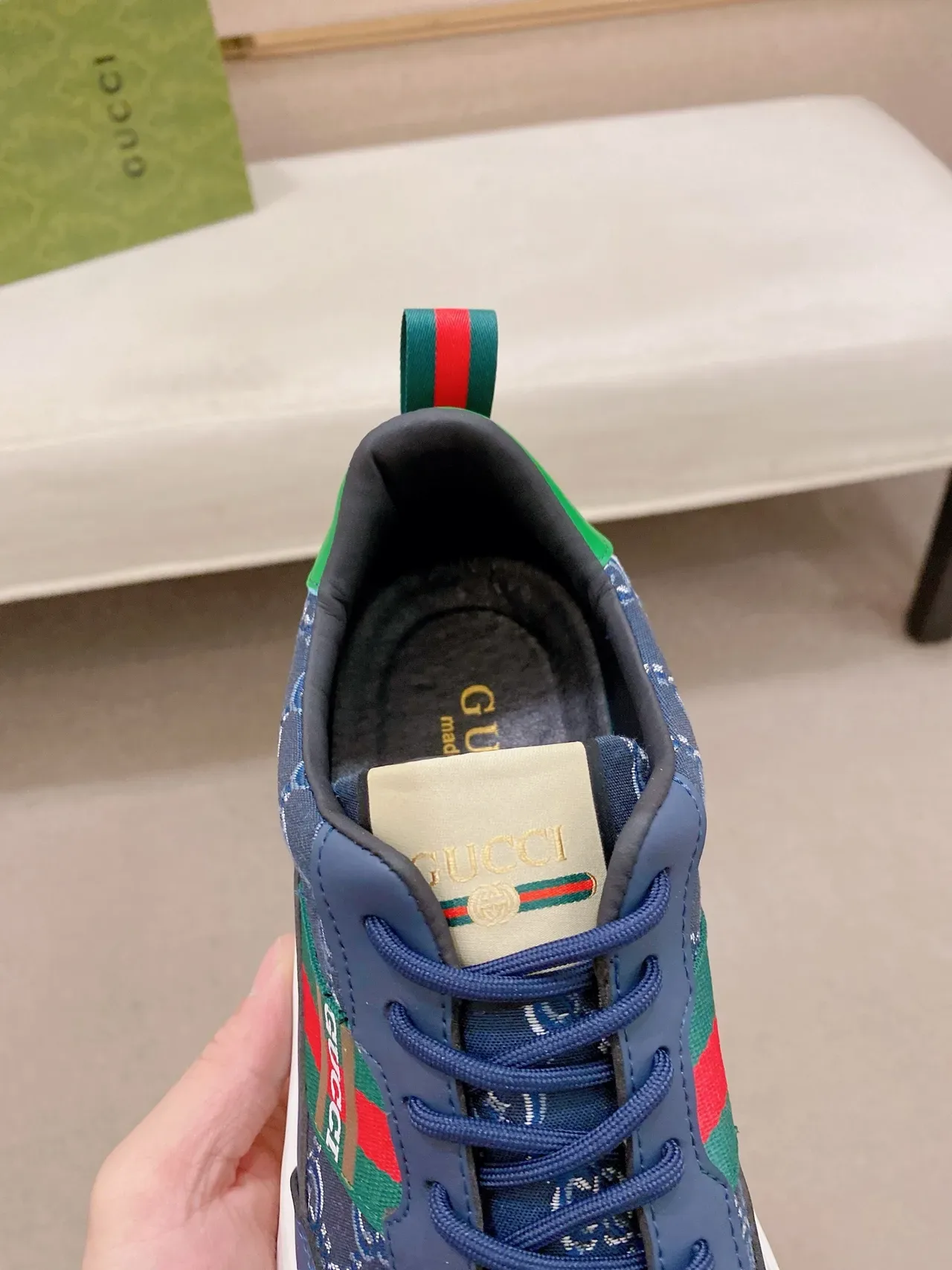 Gucci Screener Navy Blue Interlocking G Jacquard Web Stripe Chunky Sneakers 4