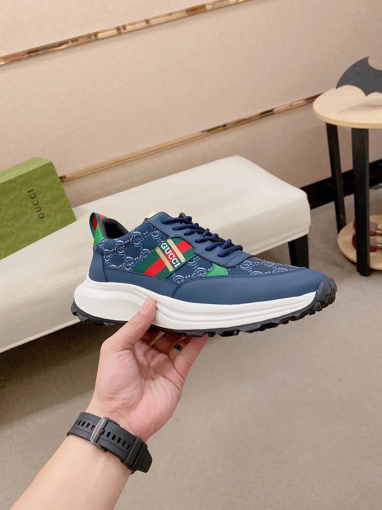 Gucci Screener Navy Blue Interlocking G Jacquard Web Stripe Chunky Sneakers 5