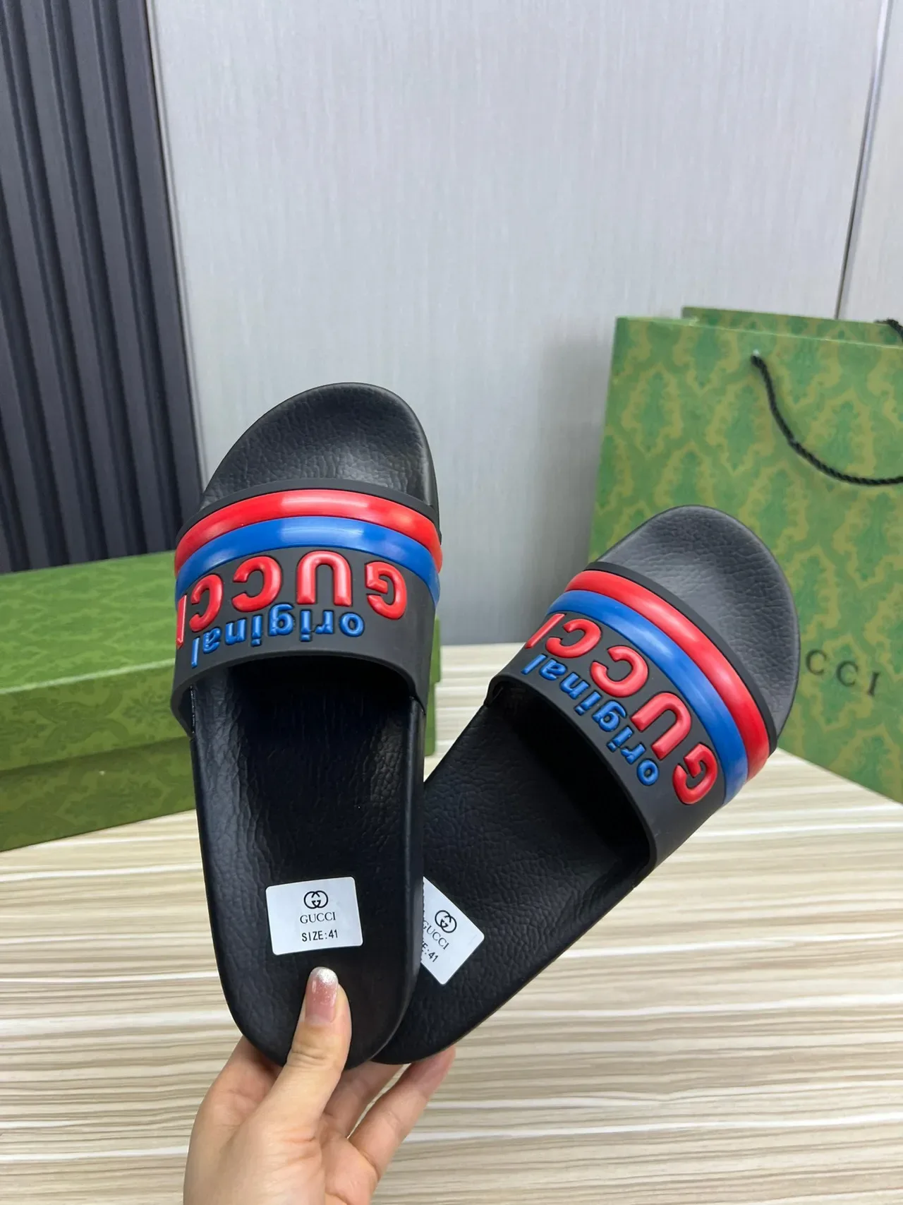 Gucci Screener Original Black Red Blue Slippers 3