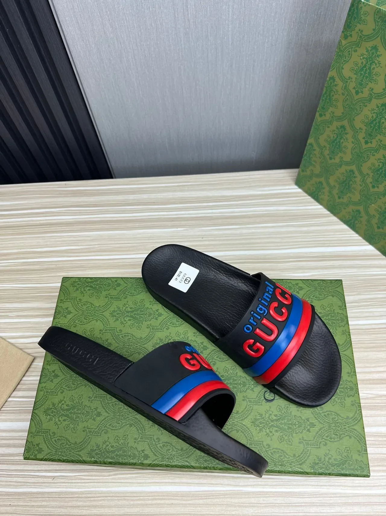 Gucci Screener Original Black Red Blue Slippers 4