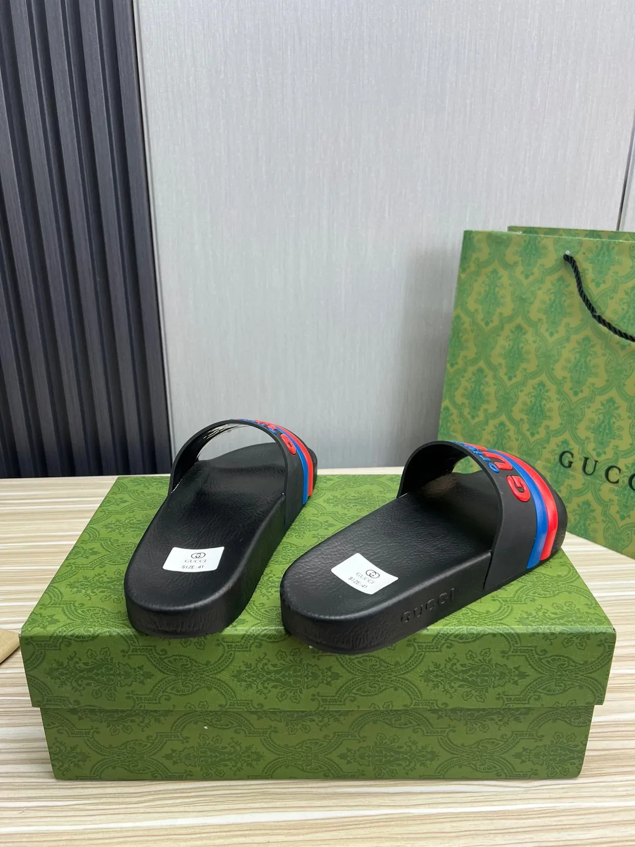 Gucci Screener Original Black Red Blue Slippers 5