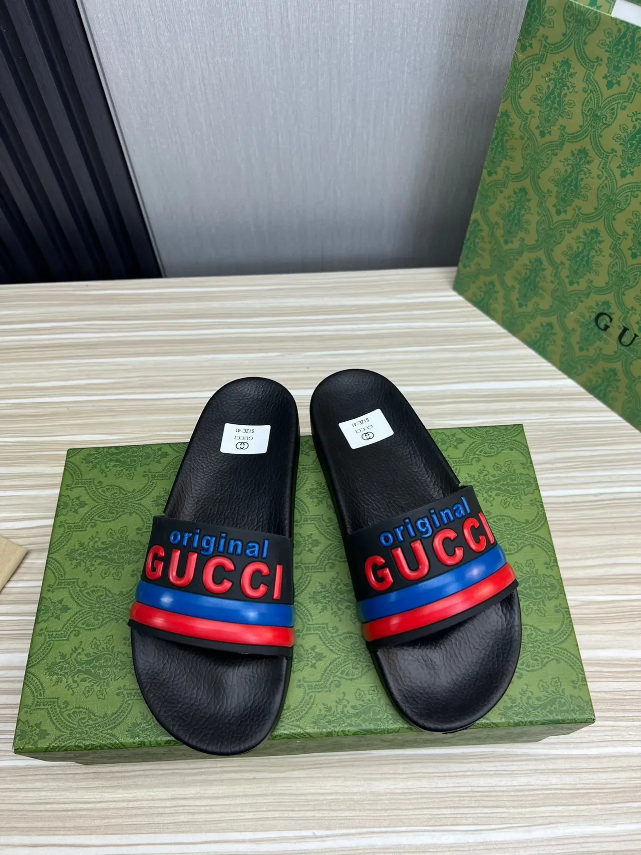 Gucci Screener Original Black Red Blue Slippers 8