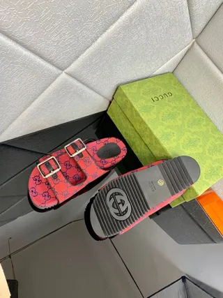 Gucci Screener Red and Navy GG Monogram Slippers 2