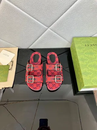Gucci Screener Red and Navy GG Monogram Slippers 7