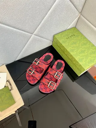 Gucci Screener Red and Navy GG Monogram Slippers 9
