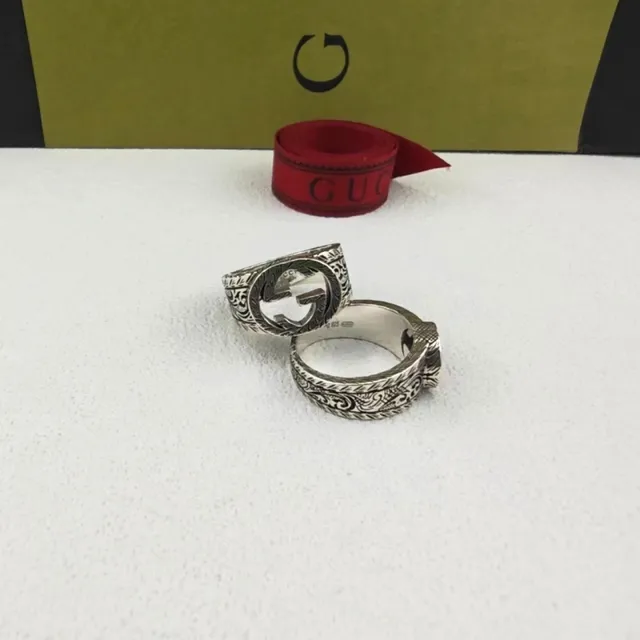 Gucci Screener Silver Green Interlocking G Logo Ornate Engraved Band Ring 6