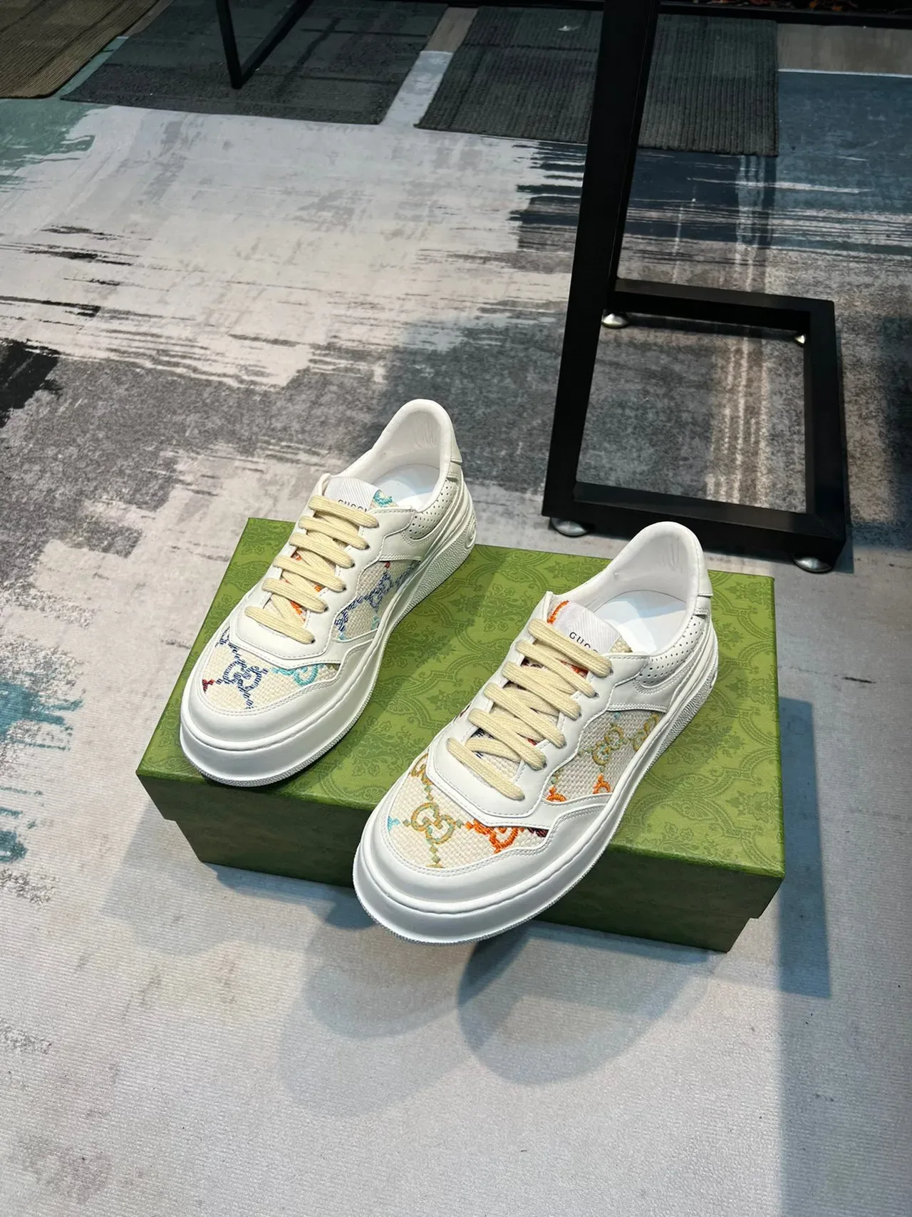 Gucci Screener White Multicolor Platform Sole Embroidered GG Motif Lifestyle Sneakers 5
