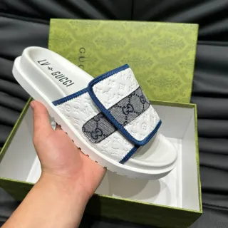 Gucci Screener White Navy Embossed Monogram Leather GG Webbing Strap Slippers