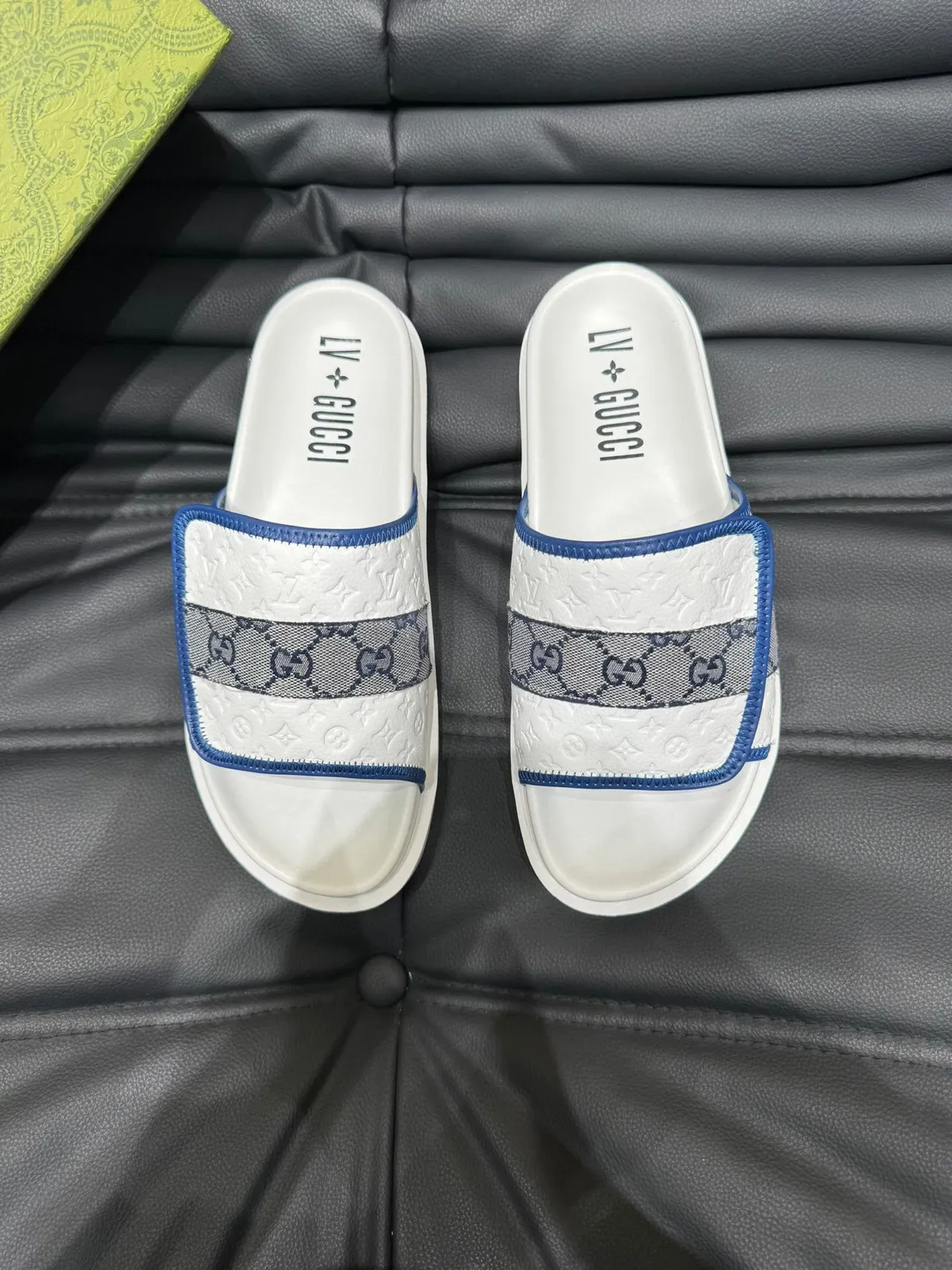 Gucci Screener White Navy Embossed Monogram Leather GG Webbing Strap Slippers 2
