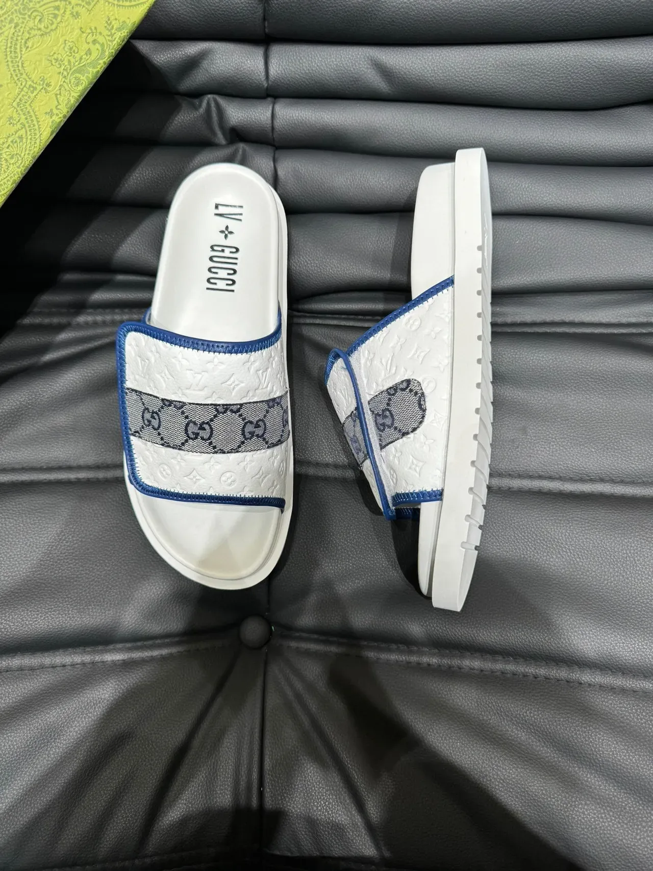 Gucci Screener White Navy Embossed Monogram Leather GG Webbing Strap Slippers 3