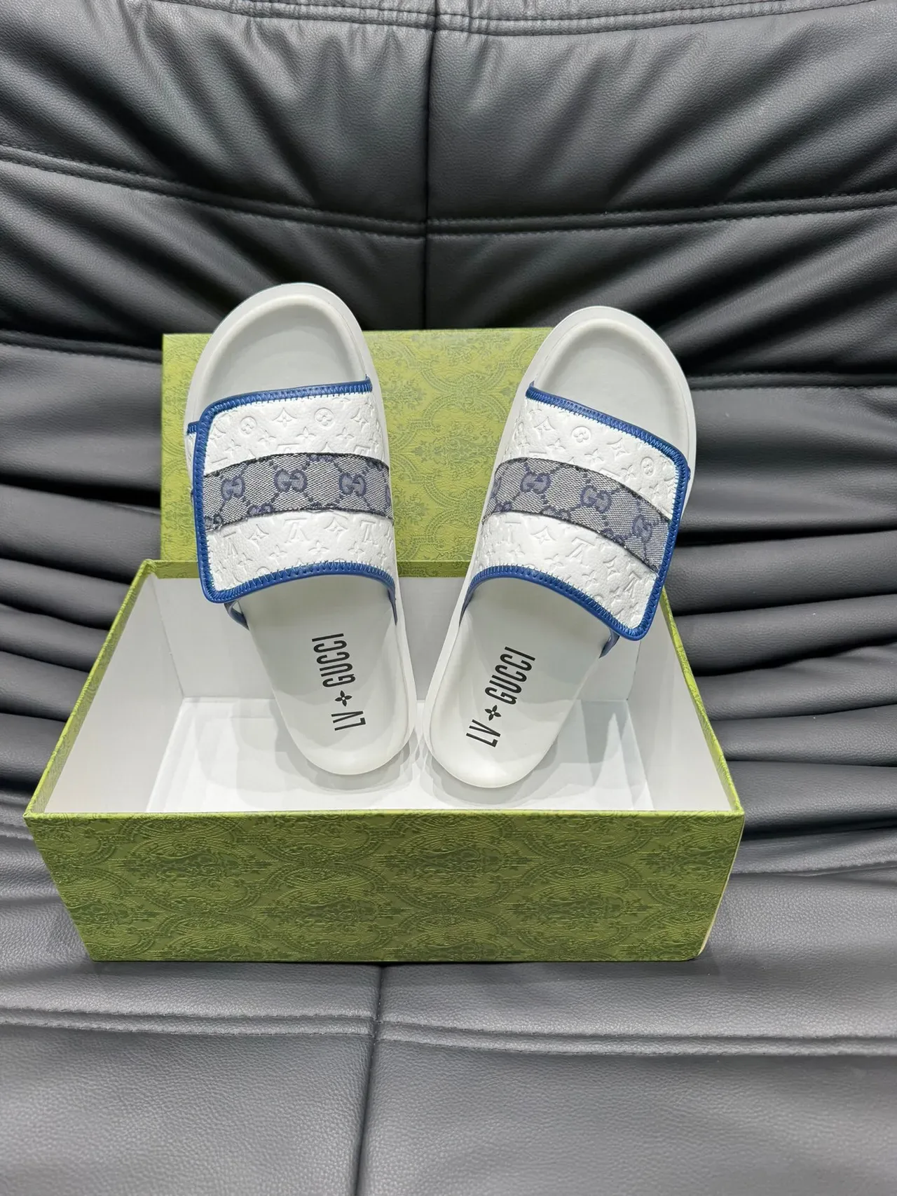 Gucci Screener White Navy Embossed Monogram Leather GG Webbing Strap Slippers 5