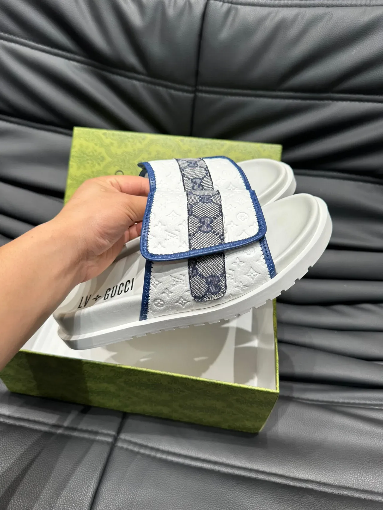 Gucci Screener White Navy Embossed Monogram Leather GG Webbing Strap Slippers 6