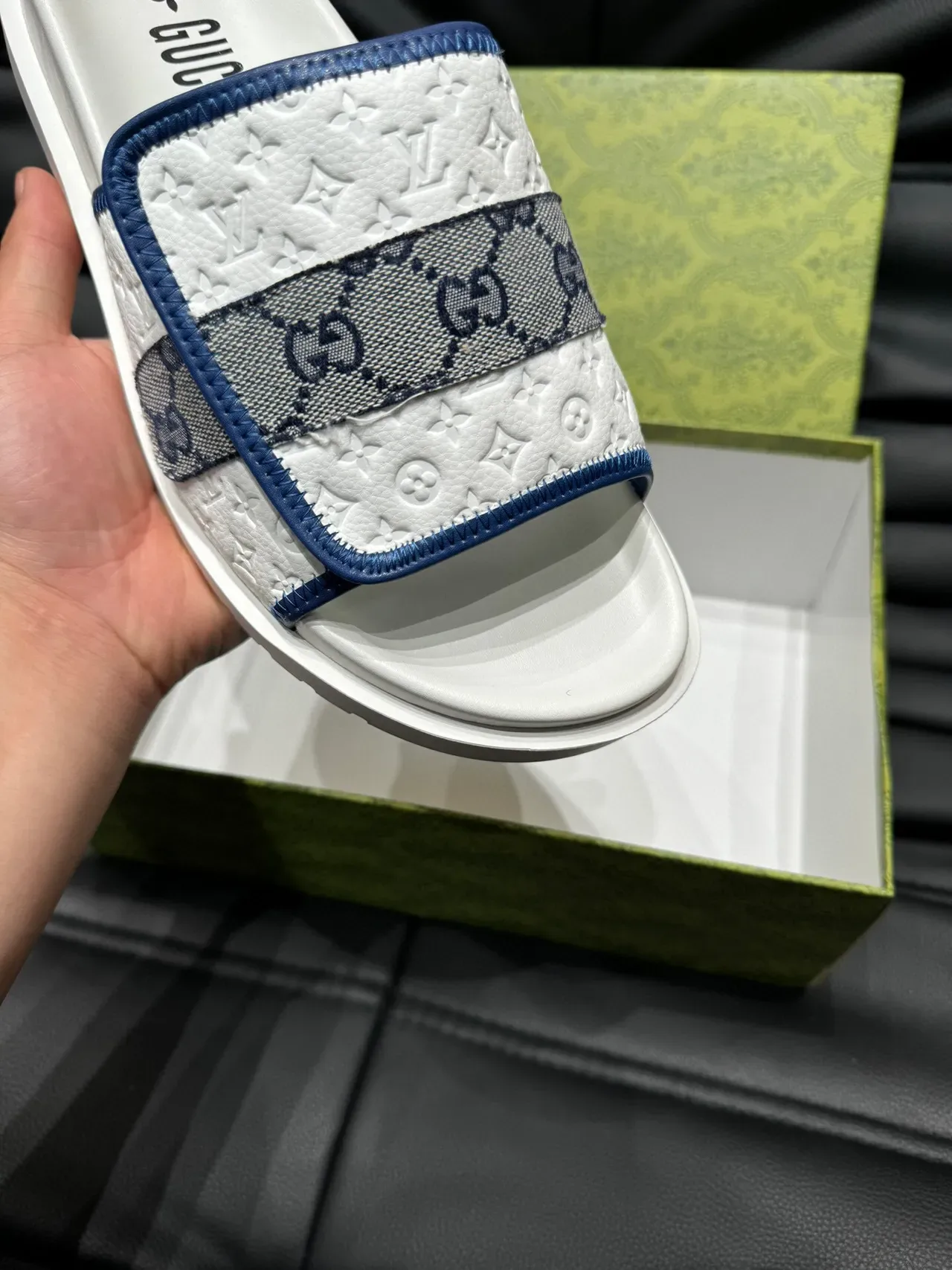 Gucci Screener White Navy Embossed Monogram Leather GG Webbing Strap Slippers 7