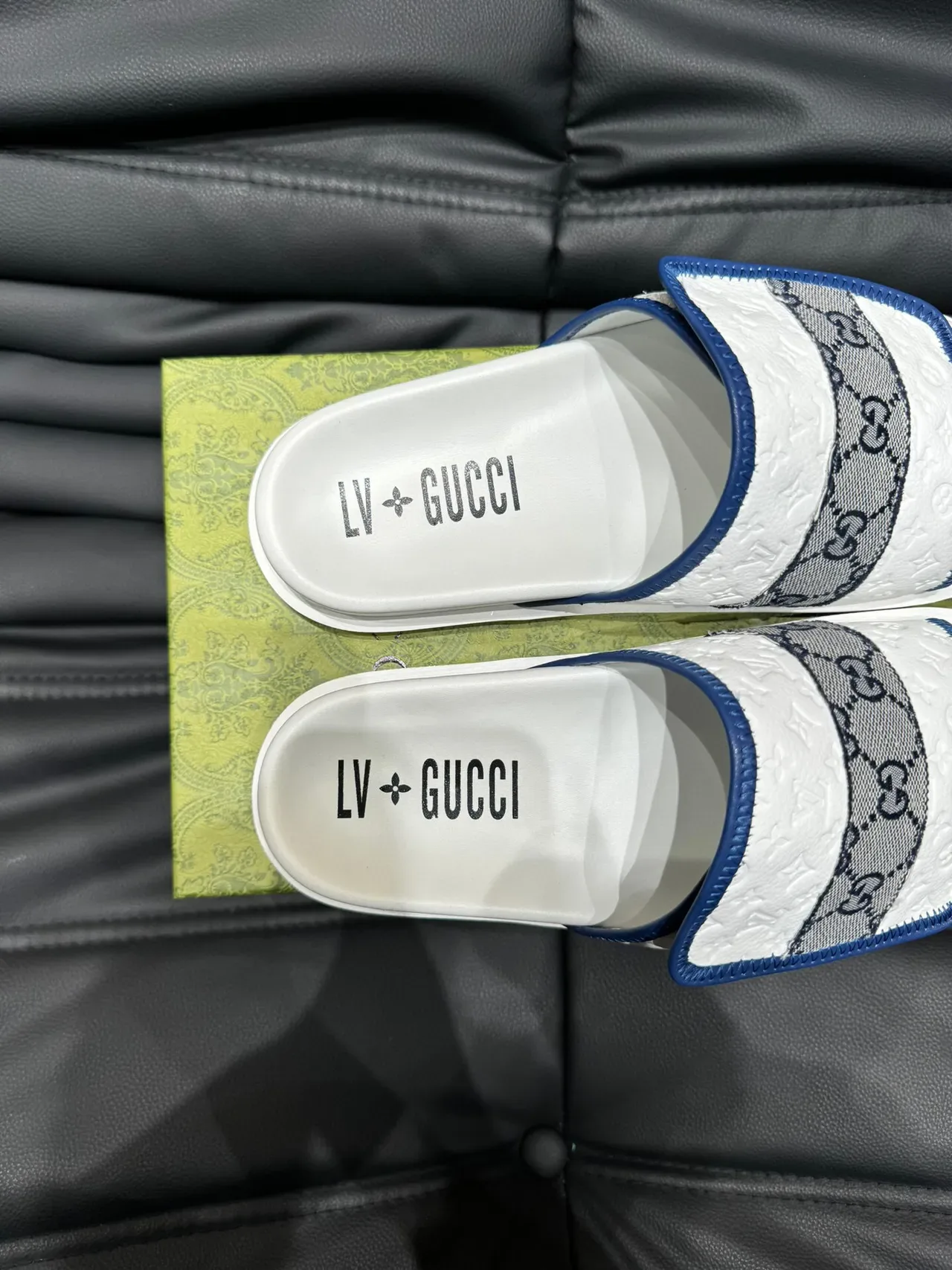 Gucci Screener White Navy Embossed Monogram Leather GG Webbing Strap Slippers 8