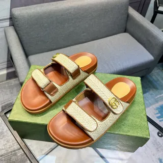 Gucci Screener Woven Raffia and Tan Leather Casual Sandals