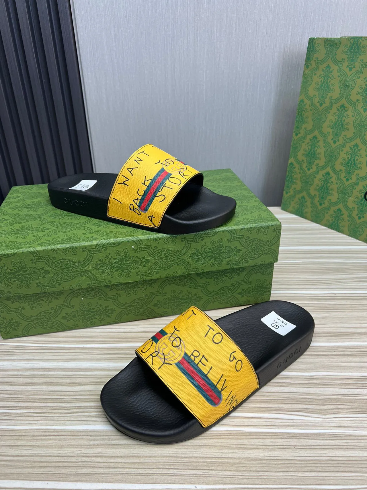 Gucci Screener Yellow Web Strap Slippers 7